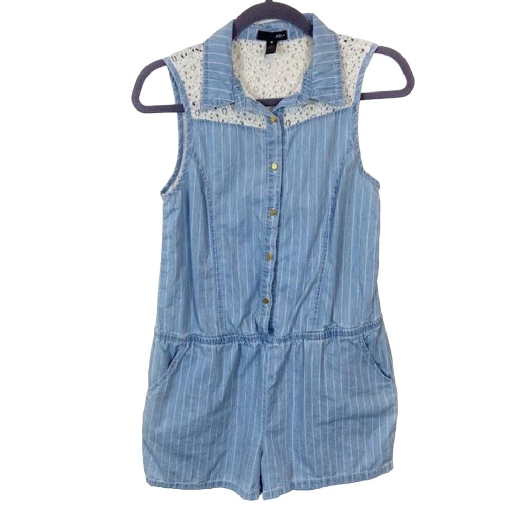 Aqua Romper Playsuit Chambray Blue Pinstripe Cotton Lace Back Size Medium M